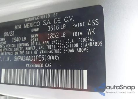 2023 Kia Rio Lx z USA, uszkodzony, nr VIN 3KPA24AD1PE619005